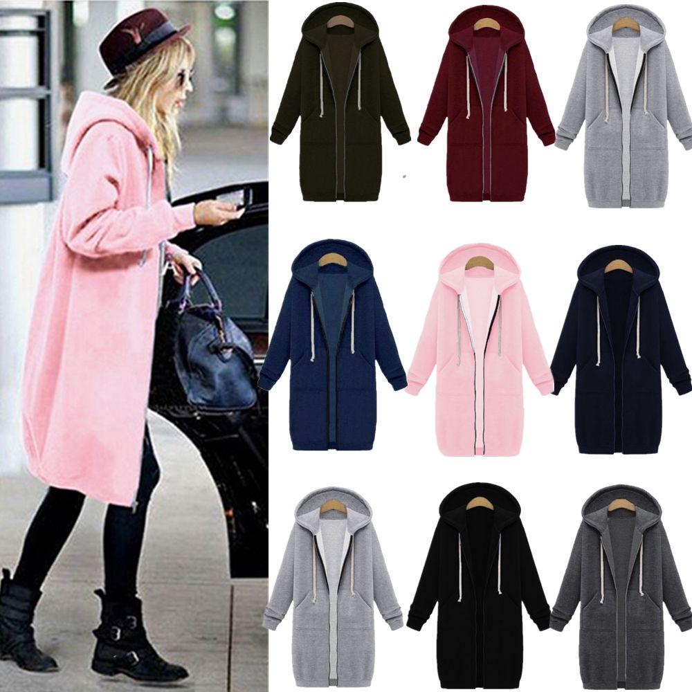Sleeve Long Women Zip Up Hooded Hoodie Jacket Jumper Cardigan Coat Plus Size