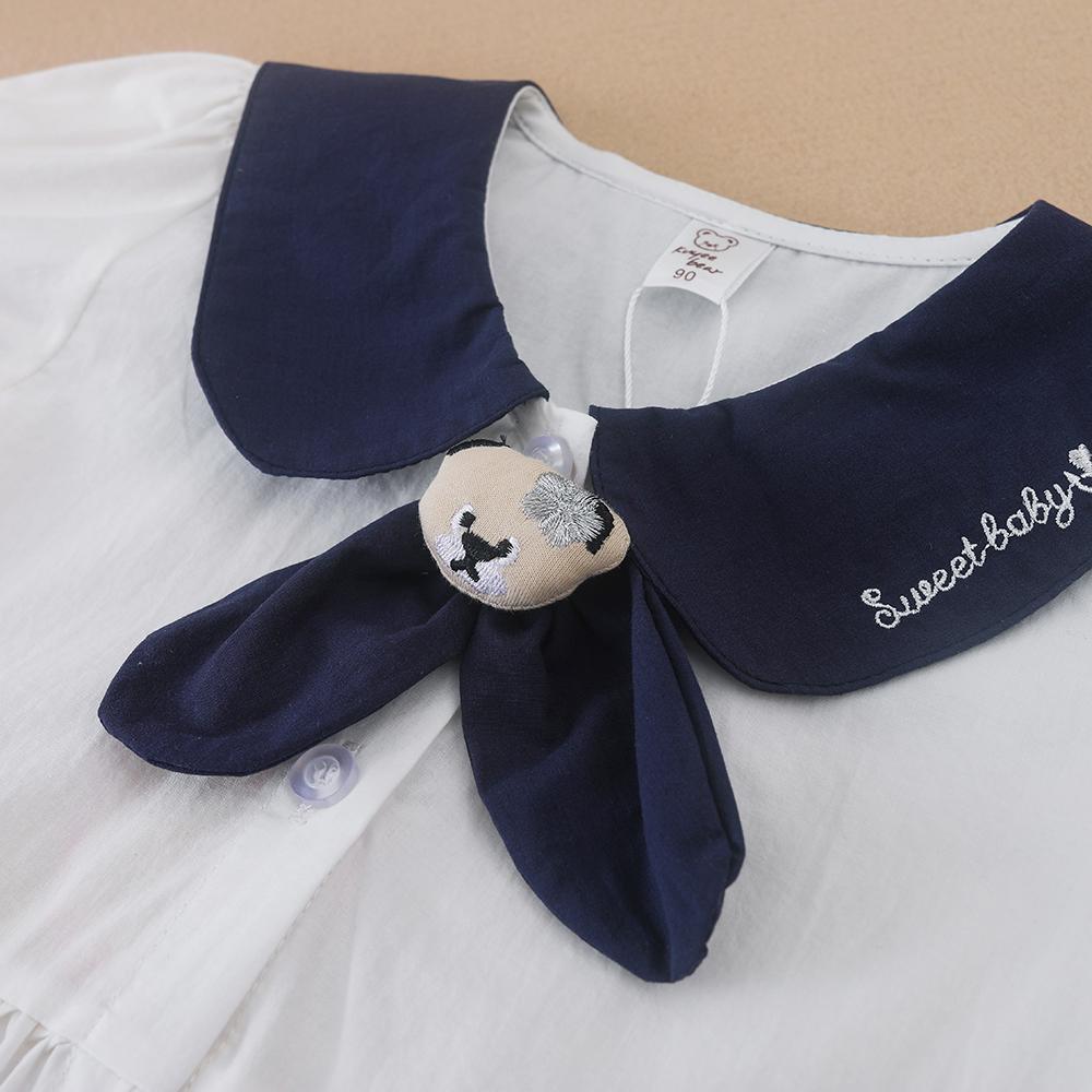 Adorable White Baby Girl Dress with Navy Blue Collar & Bow – Summer Toddler Outfit for Girls
