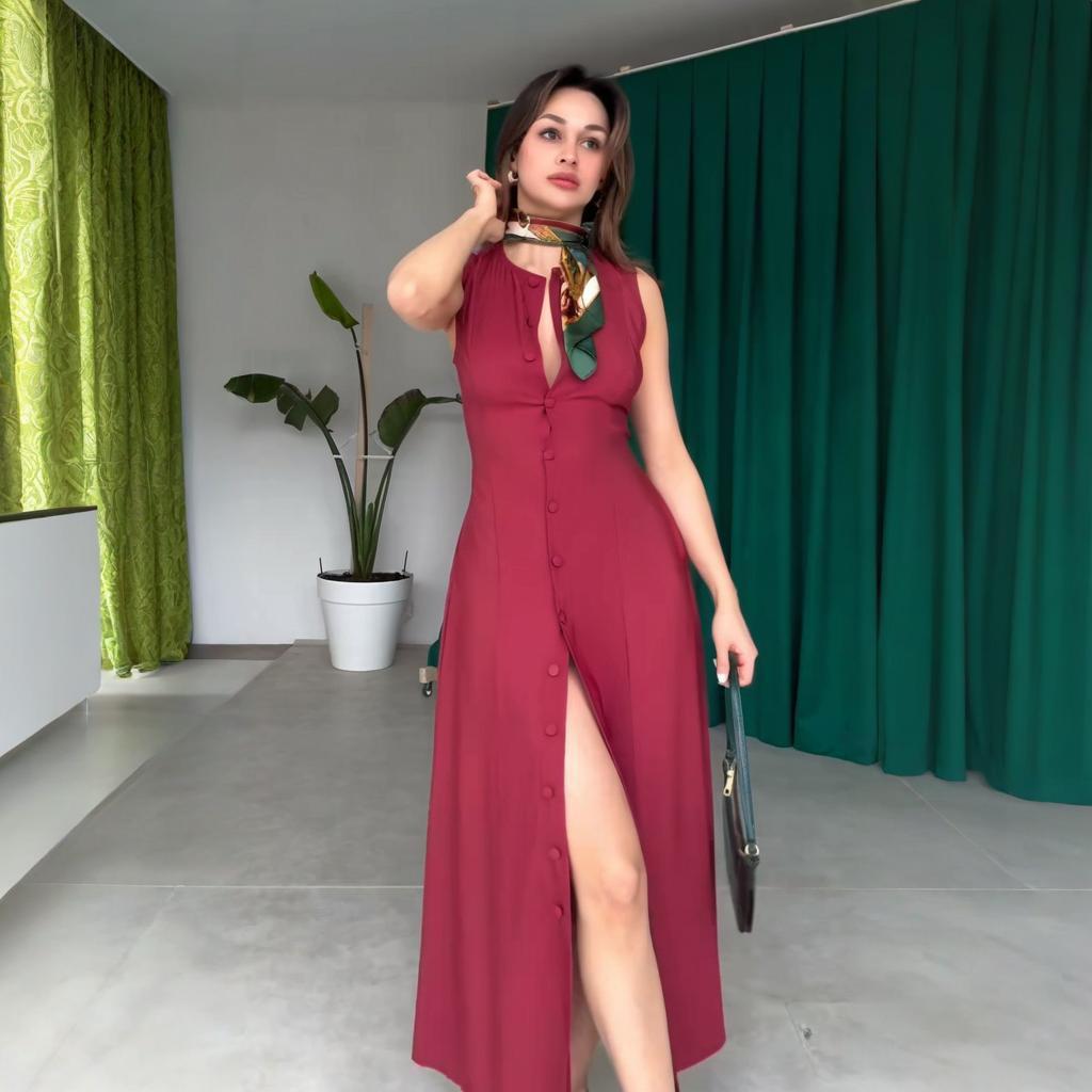 2025 Summer European & American Round Neck Button Sleeveless Slit Sexy Slim Fit Dress