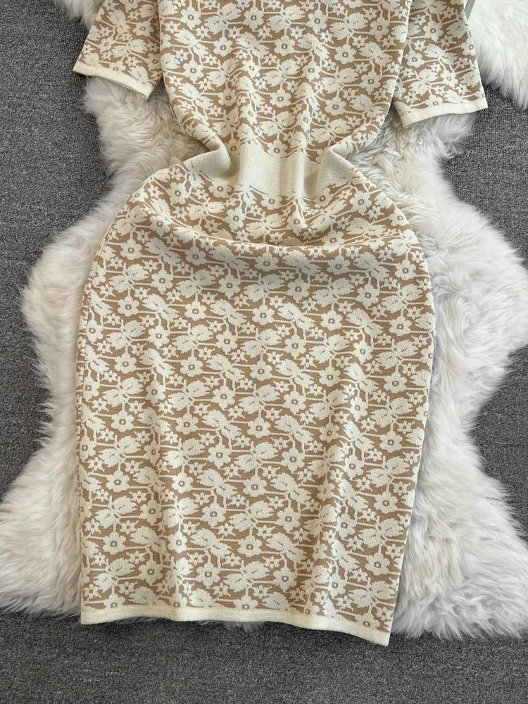 Summer Women Brand Designer Vintage Jacquard Flower Knitted Sweater Sheath Dresses With Pocket