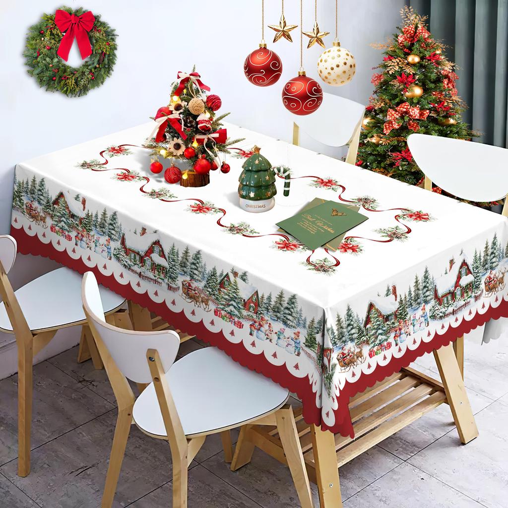 Christmas Poinsettia Santa Claus Waterproof Tablecloth Table Decor Winter Xmas Kitchen Dining Tablecloth Christmas Decorations
