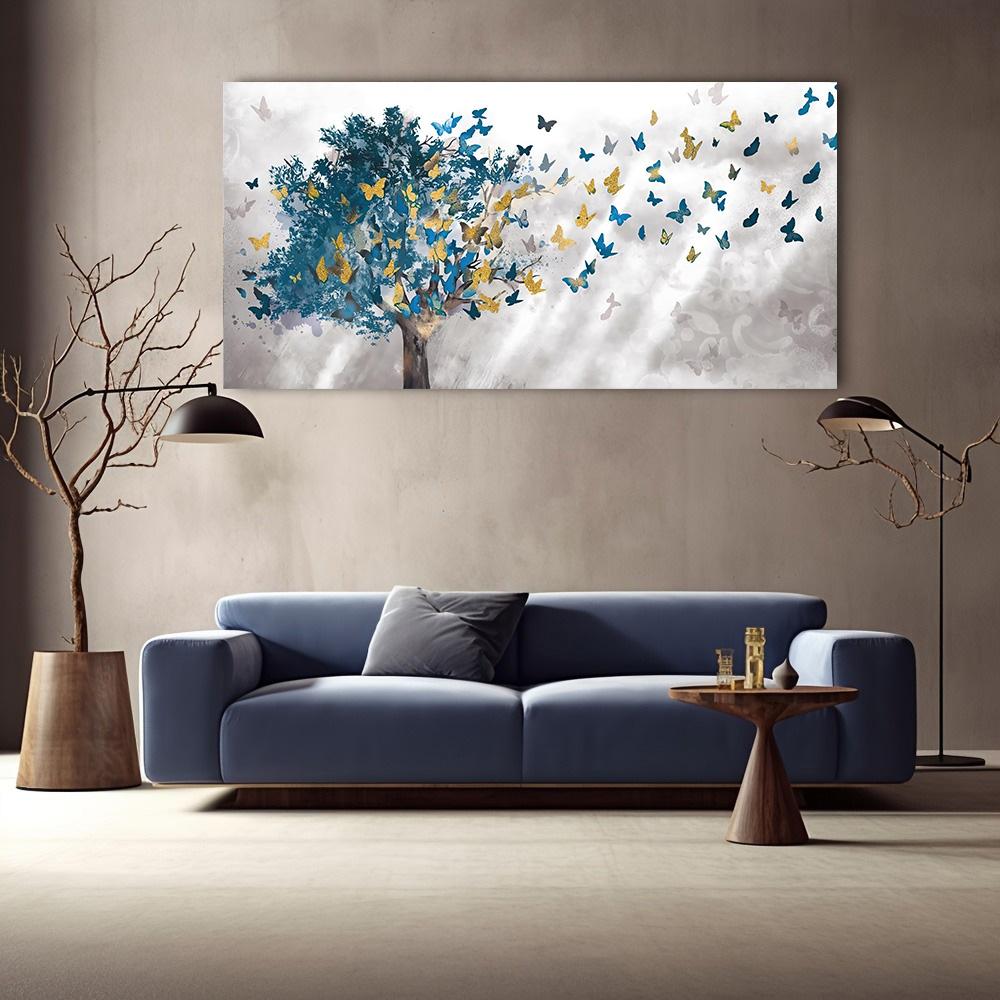 Abstract Blue Tree Butterfly Canvas Painting Posters and Prints Landscape Wall Art Pictures for Living Room Cuadros Decor Modern Decorative Prints