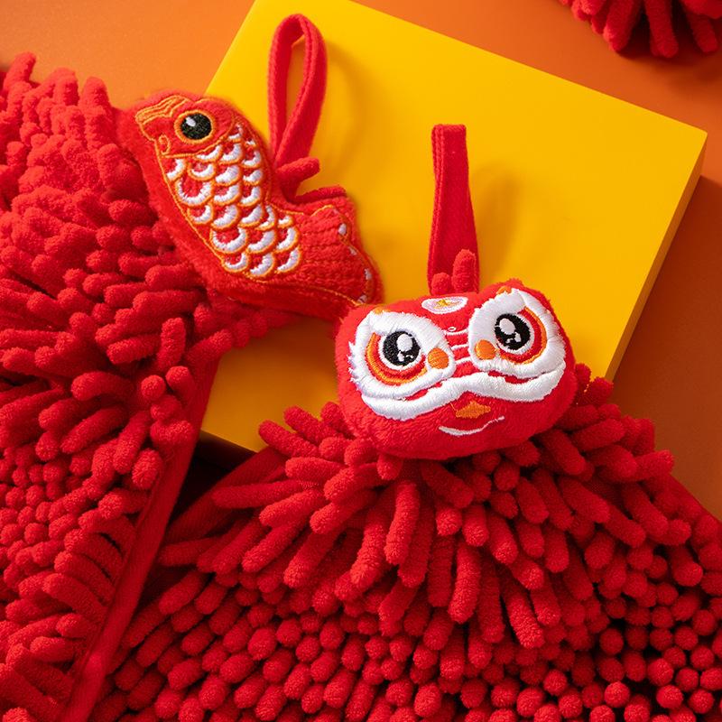 3Pcs Cartoon Red Chenille Hand Towel Hanging Soft Towels for Kitchen Bathroom Quick Dry Handkerchief Home Cleaning Towel