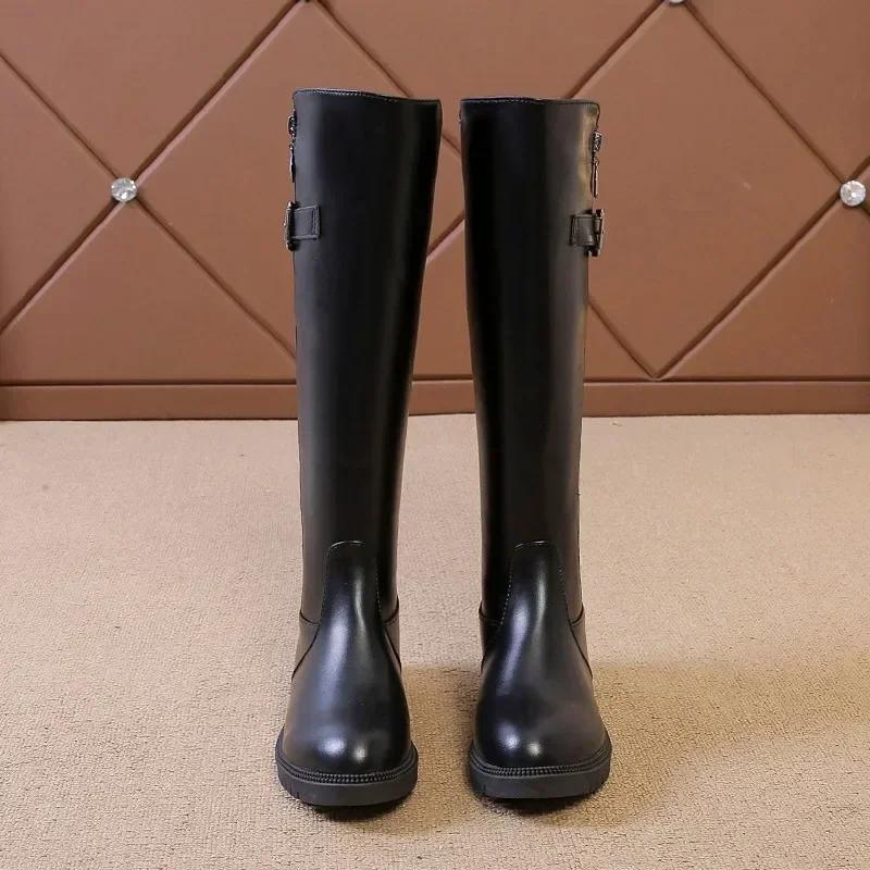 Autumn Women's Riding Boots Round Toe Chunky Heel Knee High Boots for Women Belt Buckle Platform Shoes