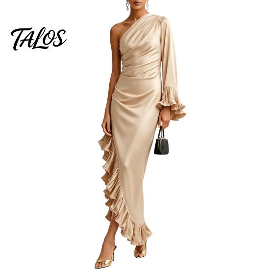Talos Women's One Shoulder Asymmetric Ruffle Satin Dress, Formal Evening Party Gown, Long Sleeve Ruched Bridesmaid Dress