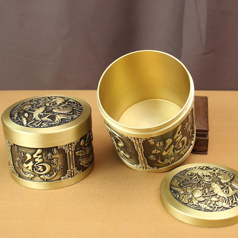 Brass Tea Can Fine Carving Sealed Can Office Study Creative Auspicious Baifu Tea Can Pure Copper Ornament