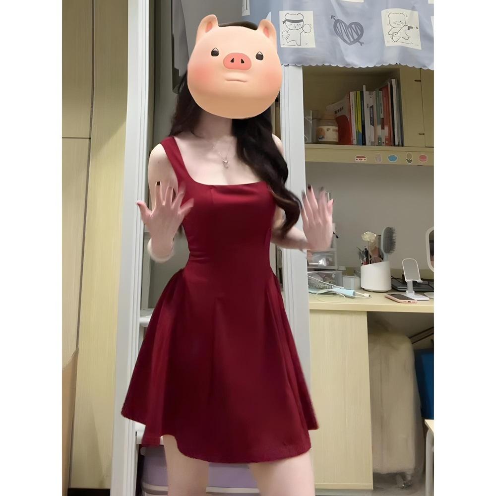 Summer Casual Women's Clothing Style Temperament Waist Short Skirt New Small Red Suspender Dress