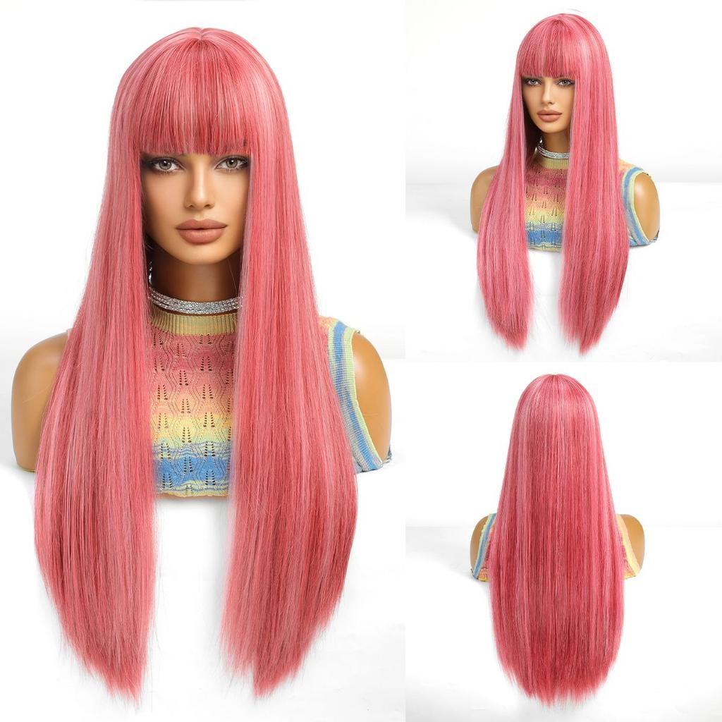 Zwarte Highlights Roze Synthetische Pruik met Pony Lange Rechte Zwarte Highlights Rode Pruik Voor Vrouwen Cosplay Feest Kerstpruik 26inch
