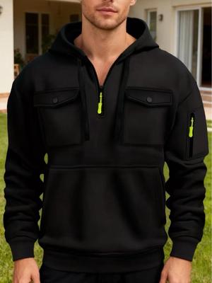 Men's Fleece Hooded Sweatshirt with Dual Chest Pockets - Casual, Trendy Zipper Pullover for Autumn and Winter