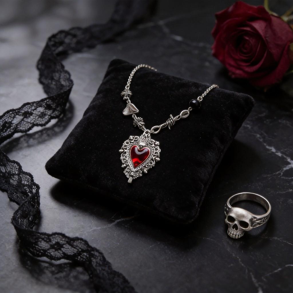 Punk Style Geometric Pendant Necklace With Blood Red Heart For Gothic Fashion