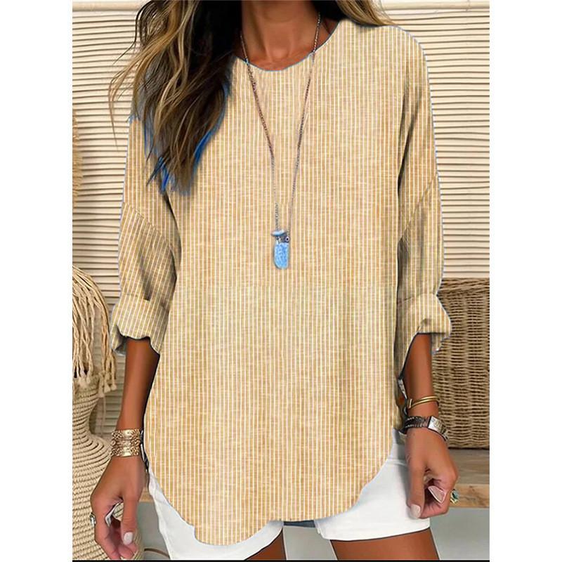 Spring Fashion Womens Striped Cotton Linen Shirt With Patching For Casual Wear