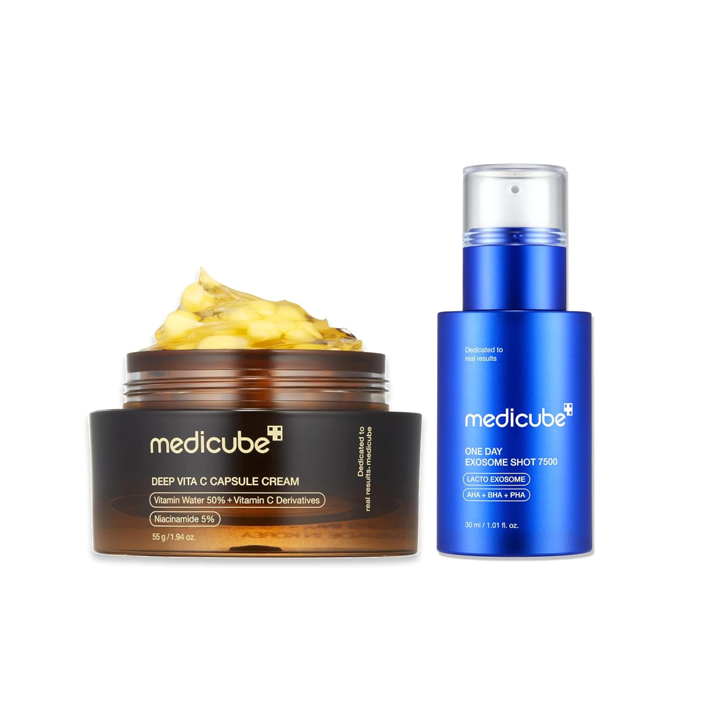 medicube Flawless Skin: Deep Vitamin C Golden Capsule Face Moisturizer and Zero Exosome Shot 7,500 PPM Spicule Facial Serum синий