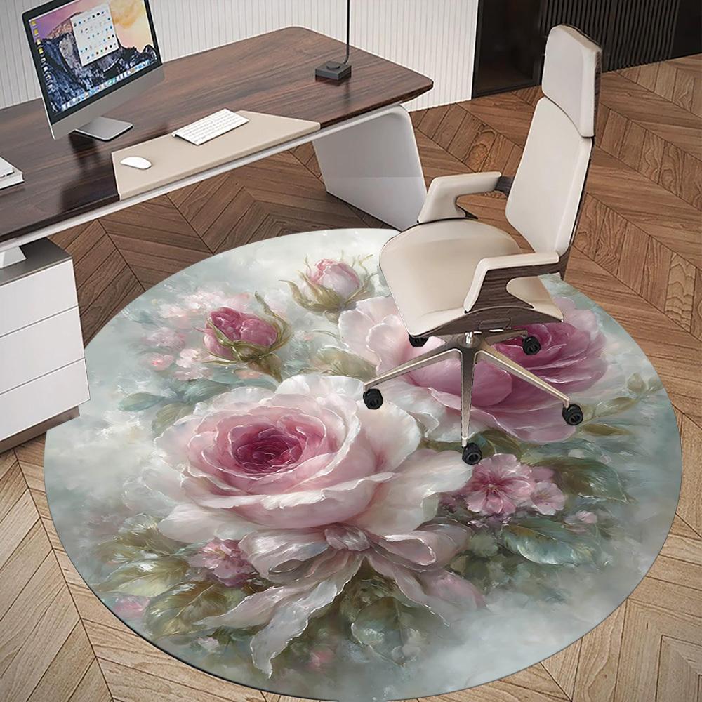 1pc Rose Bouquet Round Chair mat Area Rug - Non-Slip, Floor Mat for Office, Bedroom, home decor Christmas Gift-1002332