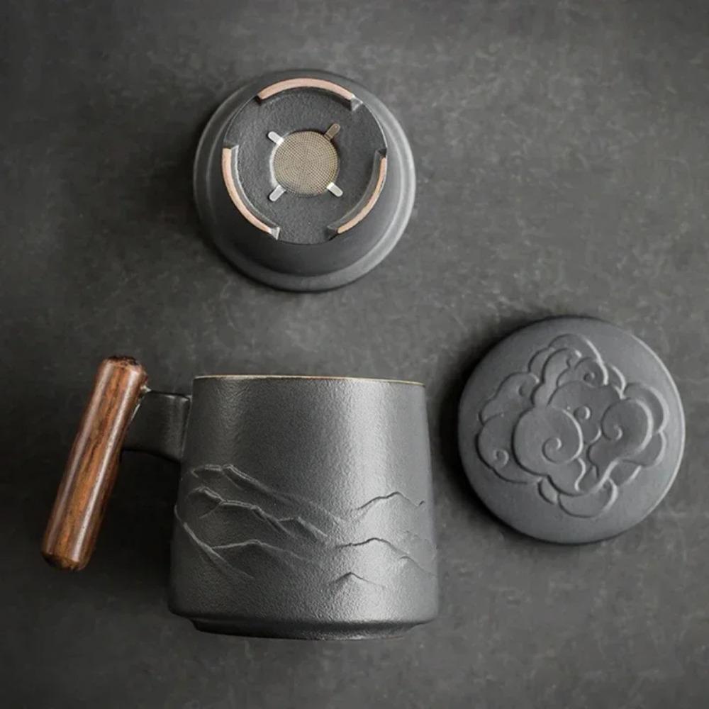 Vintage Ceramic Mugs Wooden Handle Tea Cups with Strainer and Lid Portable Unusual Coffee Mug Personalized Gifts for Father