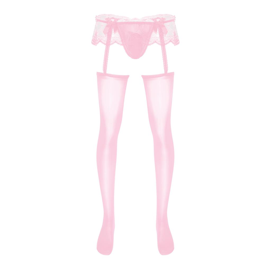 Pánské průsvitné krajkové kalhotky se sukýnkou, vykrojené, s vypouklou kapsou, G-string s lesklými podvazky