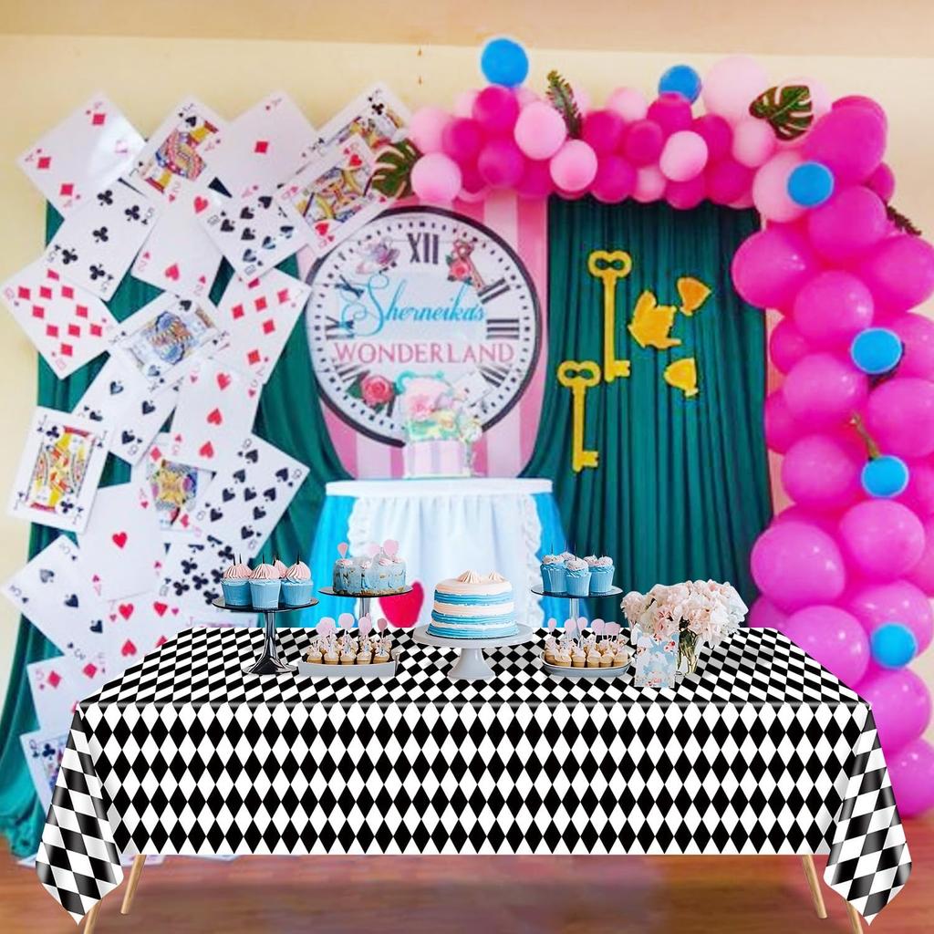 4 Pack Black and White Checkered Tablecloths, Plastic Gingham Table Cover Alice Tablecloths for Racing Theme, Halloween, Wonderland Party, Classic