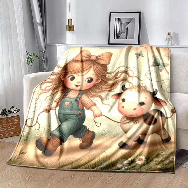 1pc Dairy Cow Printing Lightweight Flannel Blanket, Comfortable and Warm Blanket, for Camping Sofa Bed and Couch Office, In All Seasons