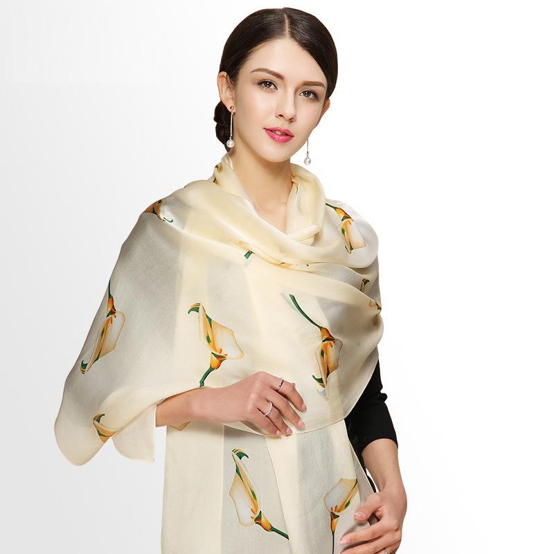 Silk Scarf Streamer Calla Lily Print Women'S Mulberry Silk Silk Scarf Georgette Satin Shawl Elegant Silk