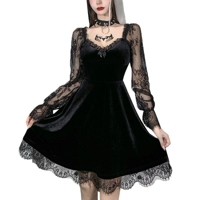 Lace Patchwork Ruffle Edge Dress Lace Stitching Frill Long Sleeve Dress