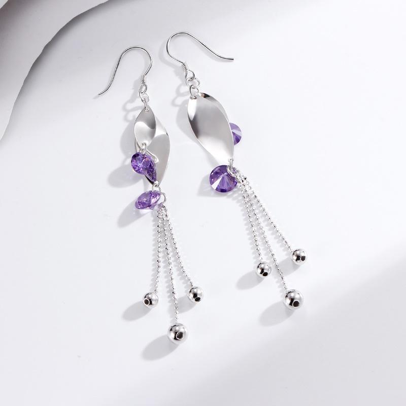 Purple Diamond Leaf Long Fringed Earrings Women's Fashion Korean Version Versatile Earrings Mori Ethnic Style Earrings