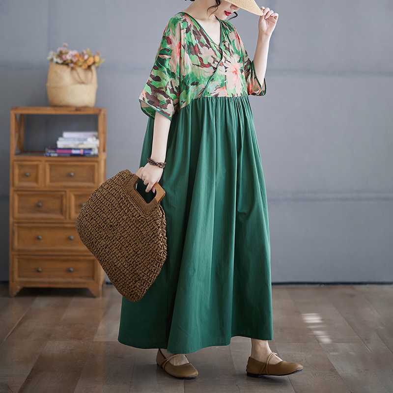 Cotton and Linen Summer Patchwork Retro Style Dress Long Skirt