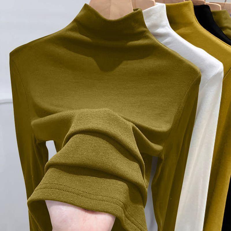 Women's Half High Neck Long Sleeve T Shirt Slim Fit Solid Color Casual Basic Tee Tops