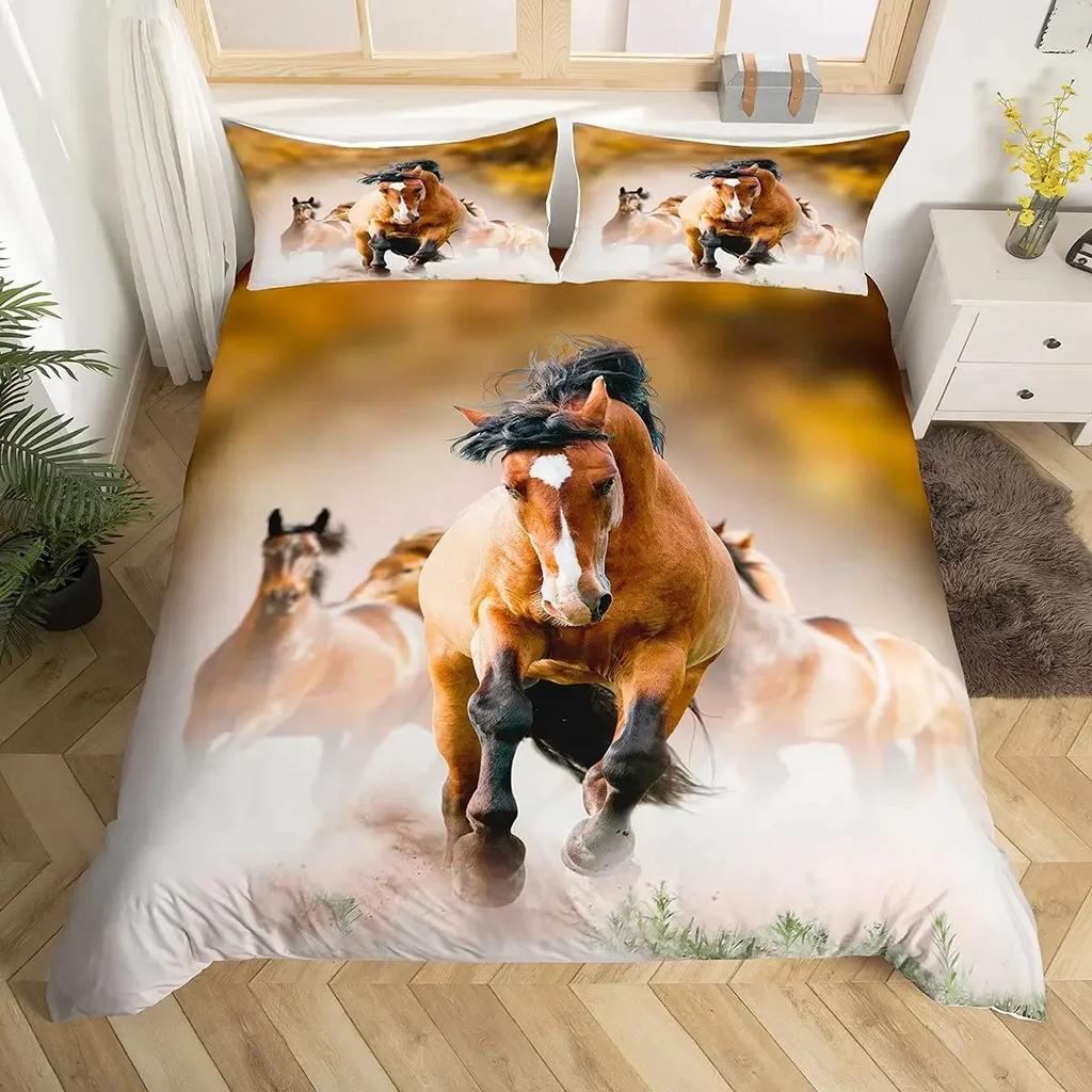 Horse Duvet Cover Animal Bedding Set for Boys Teens Western Cowboy Sunset Scenery Double Queen King Size Polyester Qulit Cover