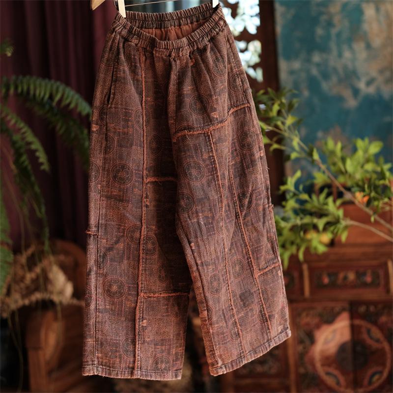 Johnature Pantalones holgados de retazos con cintura elástica de otoño vintage para mujer