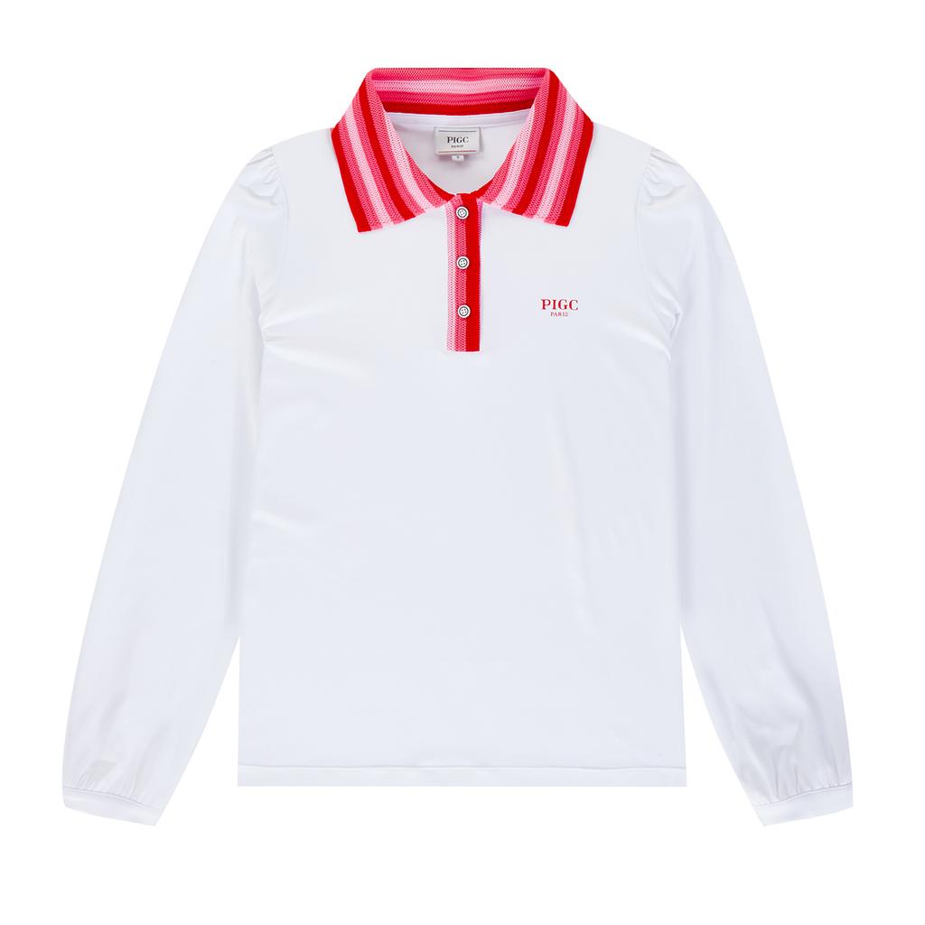 PIGC Women'S Striped Collared Long Sleeve Puff T-Shirt White (Sw0Dks10431)