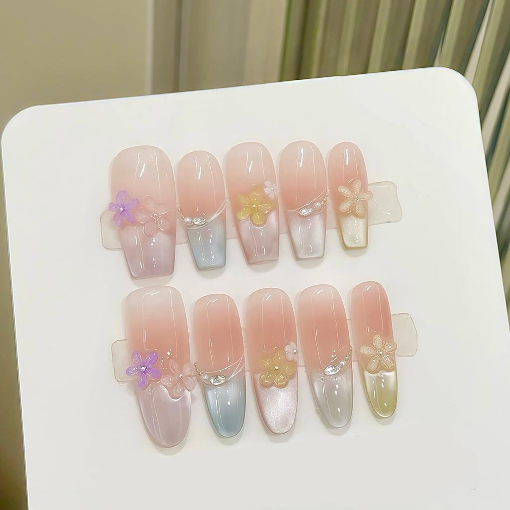 French Style Seven Color Cat Eye Crystal Flower Handmade False Nails 10PCS for Women