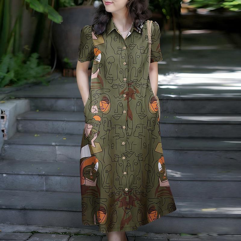 

ZANZEA Women Casual Turn Down Collar Short Sleeve Print Dress 5XL зелений