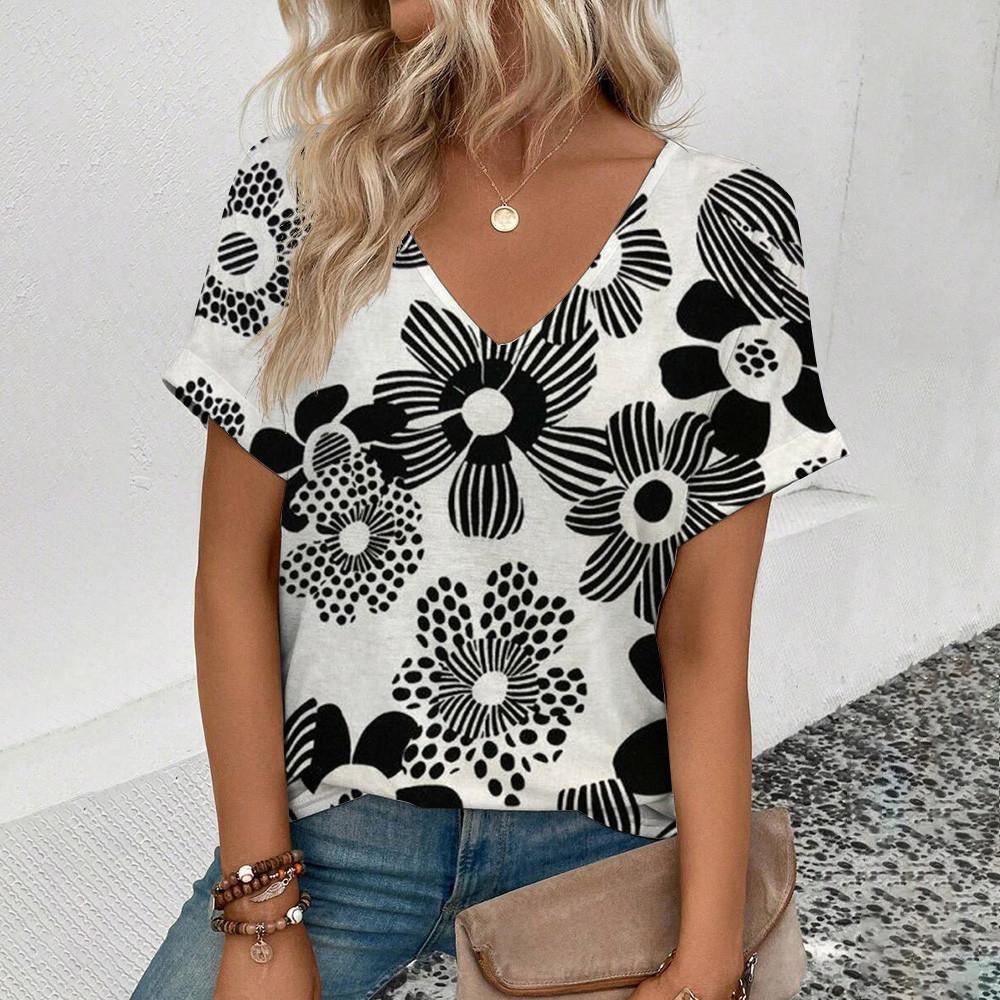 2025 Elegantes und Bequemes Damenmode Kunst Blumenmuster T-Shirt Sommer Freizeit Leichtes Kurzarm-Kleidungsstück