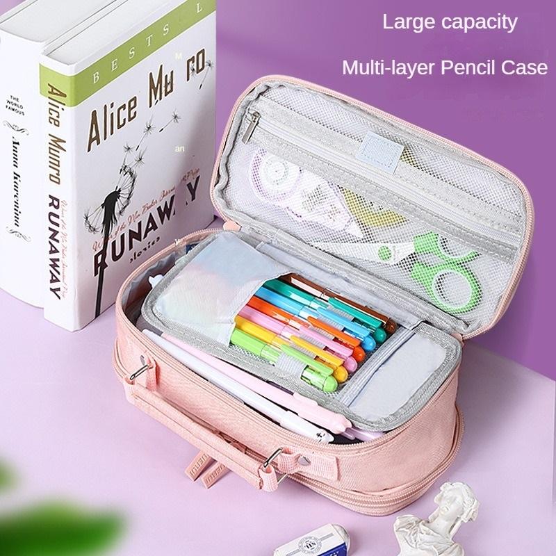 Simple Canvas Multi-layer Pencil Case Multi-functional Portable Stationery Box