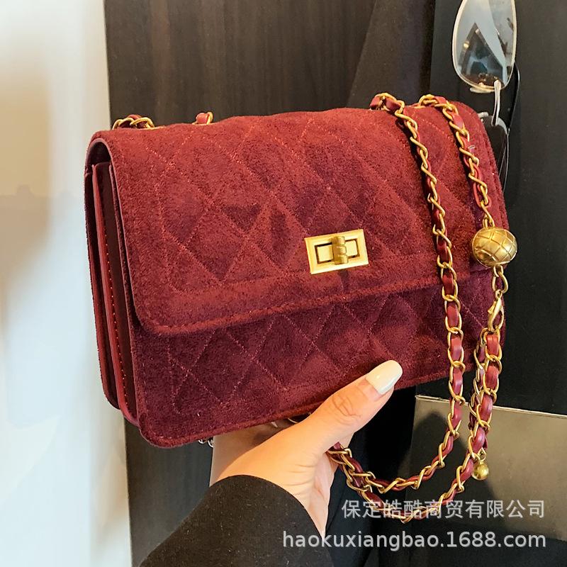 Suede Bag Women's 2025 New High-end Retro Diamond Chain Single Shoulder Underarm Bag Crossbody Small Square Bag
