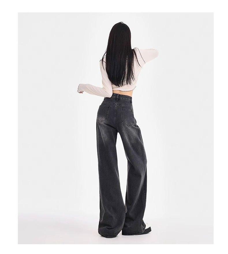 Women's High-Waisted Black-Gray Straight-Leg Jeans - Loose Slimming Wide-Leg Pants for Spring & Autumn 2025