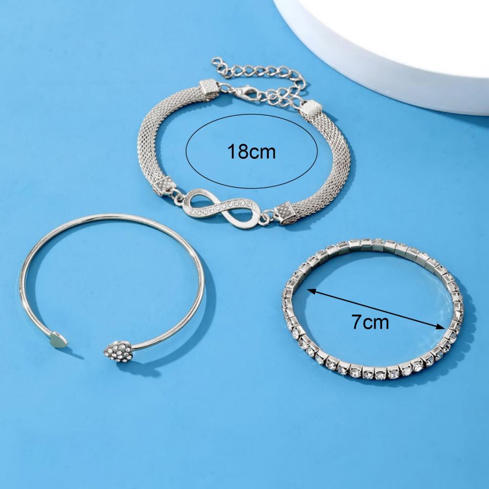 3 Pcs Women Bracelets Rhinestone Decor Hollow Infinite Symbol Heart Stackable Wrist Jewelry Lady Prom Party Wedding Bangle Set