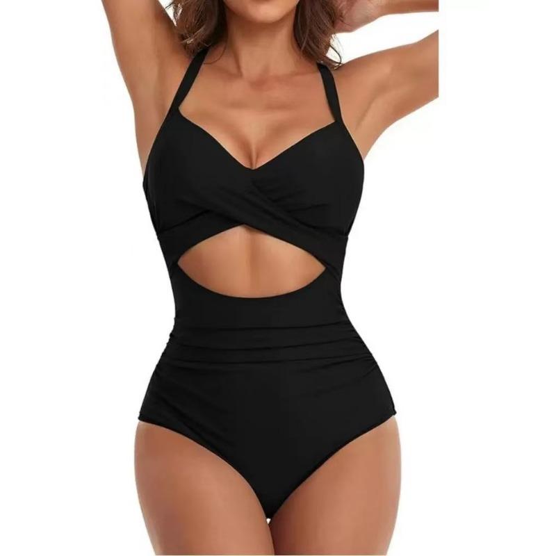 European and American One-piece Swimsuit Sexy Hollow Women s Swimsuit Backless Strap Bikini S чёрный