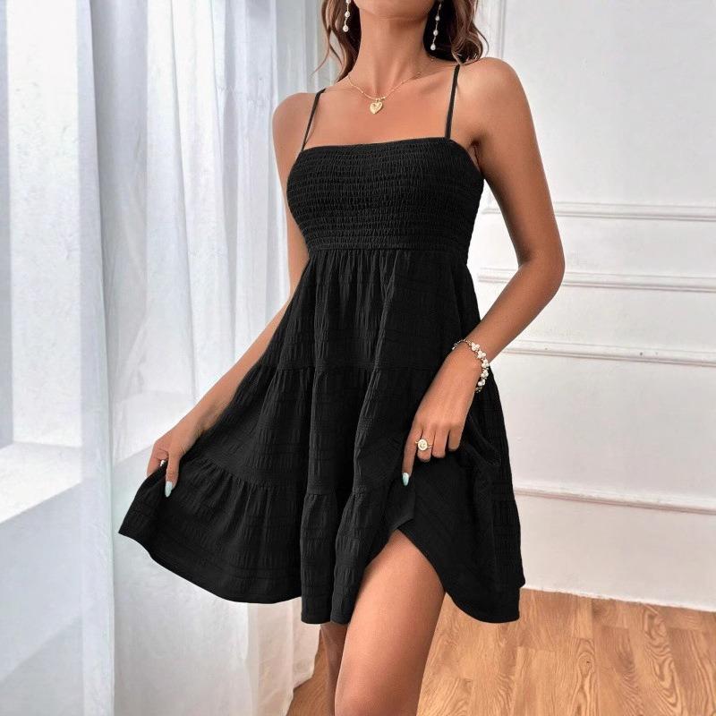 Elegant Summer Sleeveless Pleated Fashion Suspender Dress Solid Color Simple A-line Party Casual Short Dresses Female Streetwear Loose Clothing