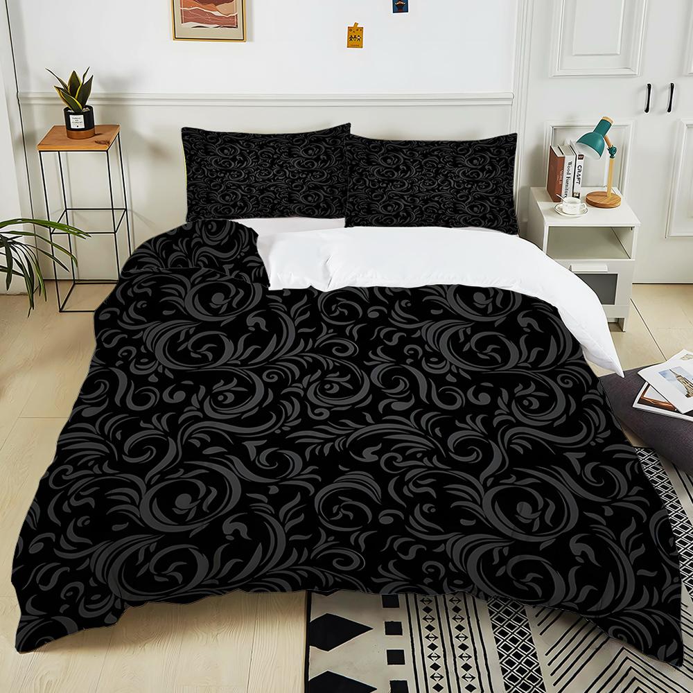 Black Background With Scrolling Grass Pattern Bedding Set 1Duvet Cover 2Pillowcases For Adult And Children Luxury Gift Full Size