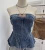 Women's Denim Bandeau: 2026 A-Line Short Sleeveless Top with Divided Stitching and Cinched Waist.