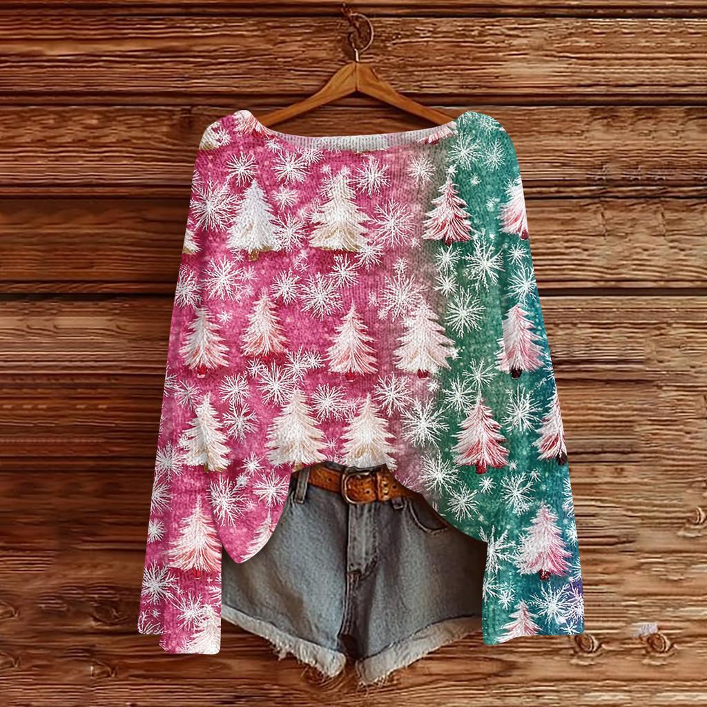 Ladies' Fashionable Casual Long Sleeved Christmas Printed Round Neck Knitted Yarn