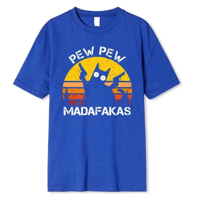 Pew Pew Madafakas Katze Zwei-Waffen Druck für Männer, Baumwolle Atmungsaktive T-Shirts, Lockere Kleidung, Hip Hop Street T-Shirt, Sommer