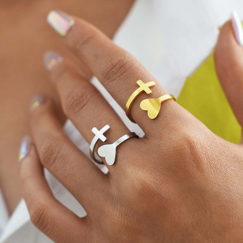 Stainless Steel Metal Love Heart Open Rings For Women minimalist Gold Color Adjustable Finger Rings Zircon Valentine's Day Gift