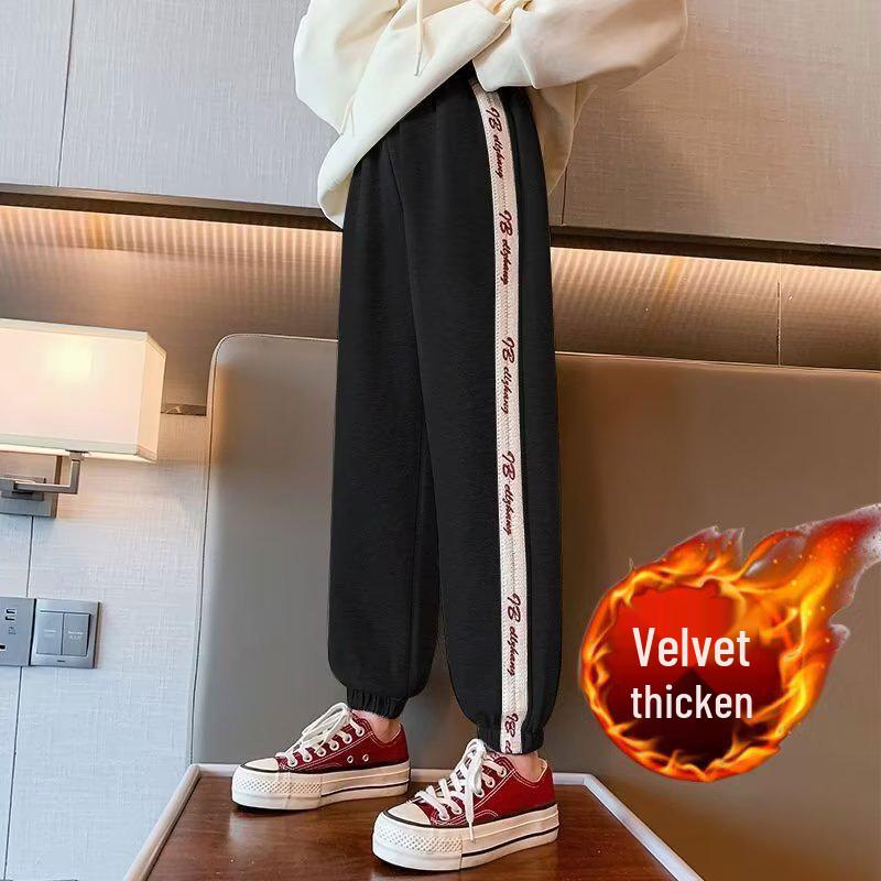 2023 Girls' Plus Velvet Sweatpants: New Autumn/Winter Casual Cuffed Trousers for Middle and Large Children.