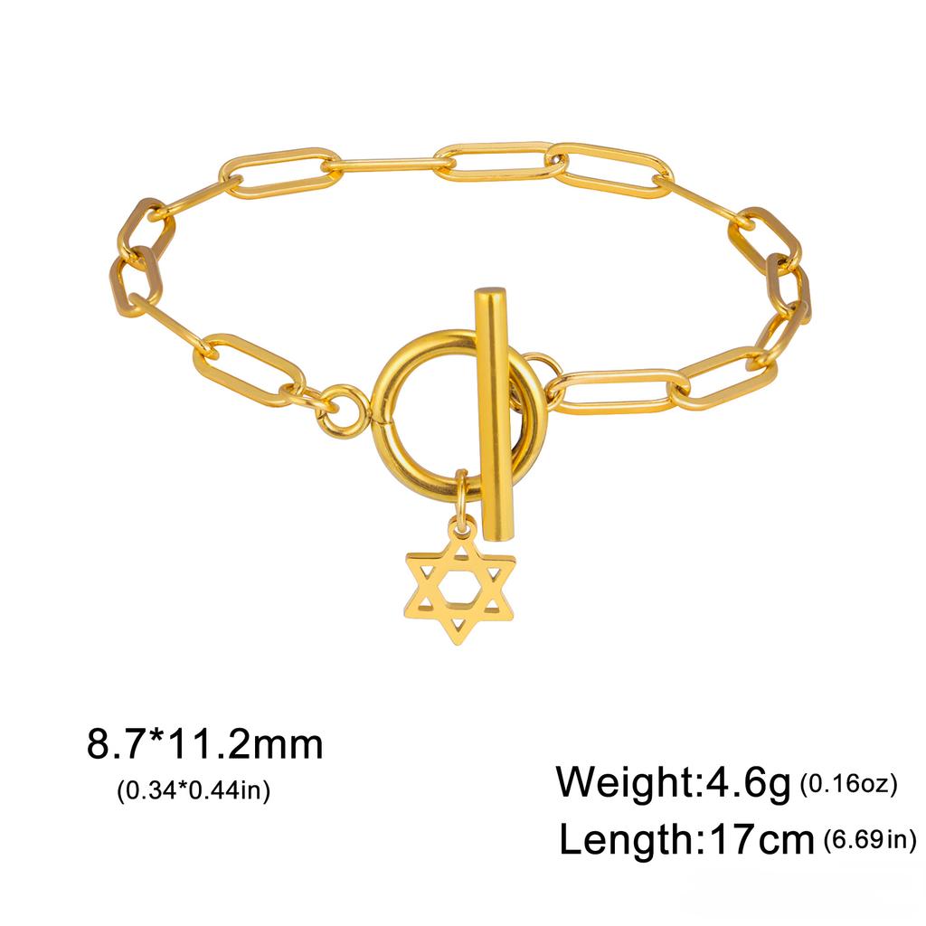 Teamer Je Star of David Toggle Bracelet for Women Men Stainless Steel Paper Clip Chain Gold Color Bracelet Amulet Jewelry