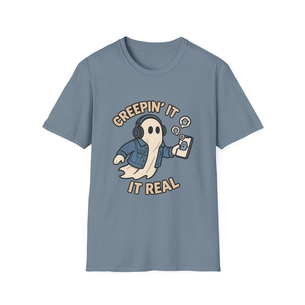 

Unisex Softstyle T-Shirt Creepin’ It Real Funny Ghost Smartphone Halloween Denim 4XL