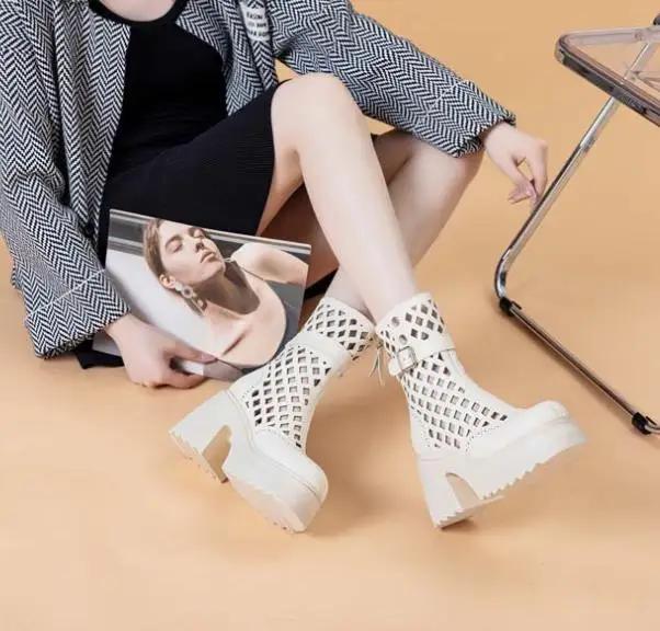 Fashion High Quality 10CM Genuine Leather Boots Chimney Sandals Hollow Ankle Booties ZIP Fashion Shoes Women Moccasins Summer Motorcycle