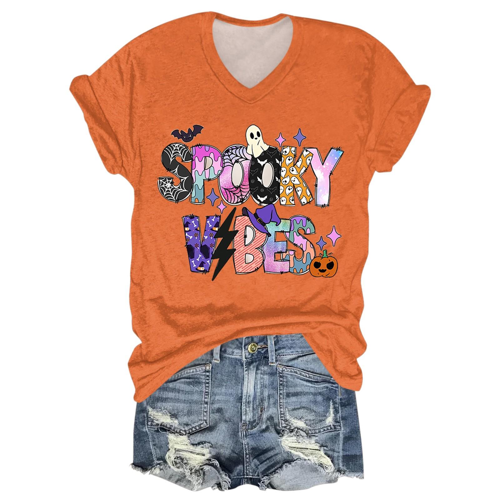 

Женская повседневная футболка с короткими рукавами и V-образным вырезом на тему Хэллоуина XXXXL шафрановый