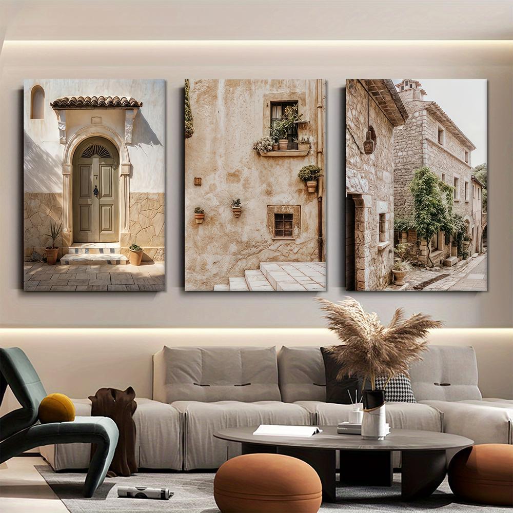 3PC, Mediterranean style retro porch canvas decorative painting, European architectural art, living room entrance wall decoratio (as the picture,20x30cm No Frame)