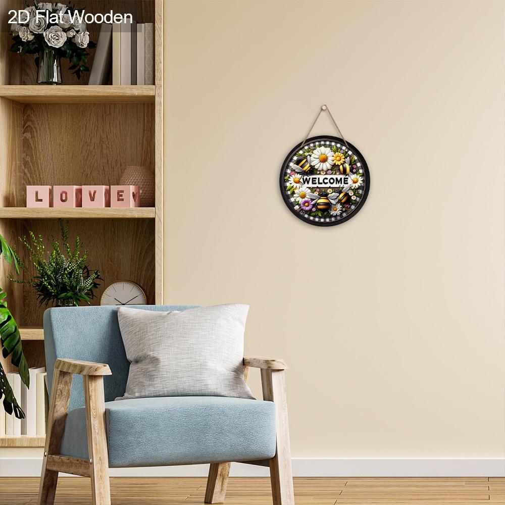 Gartenarbeit Holz Willkommensschild mit Bienen- und Blumenmuster - Dekorative Hängeplakette Idealer Hängeschmuck